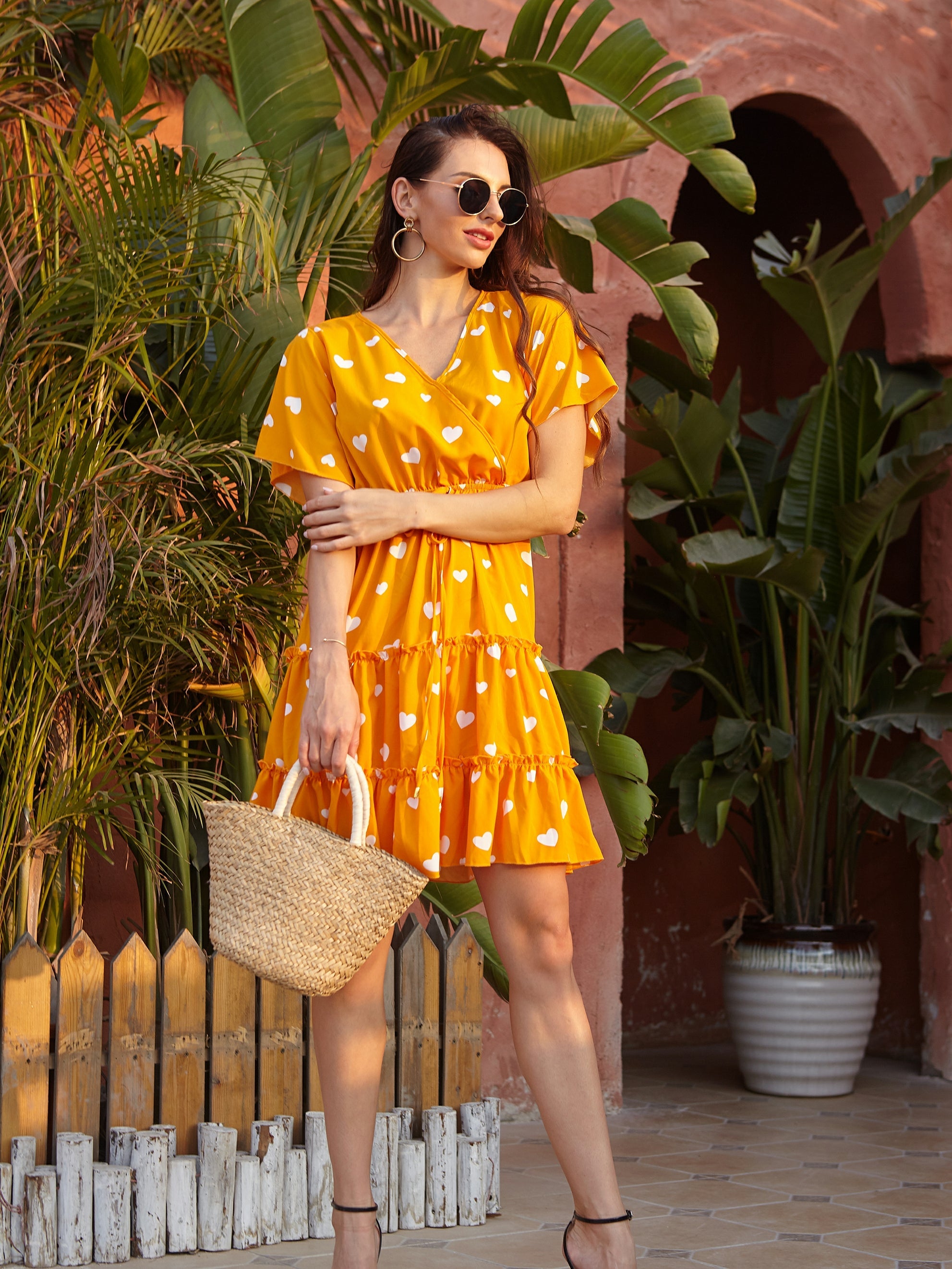 Yellow V-neck casual dress Ins street