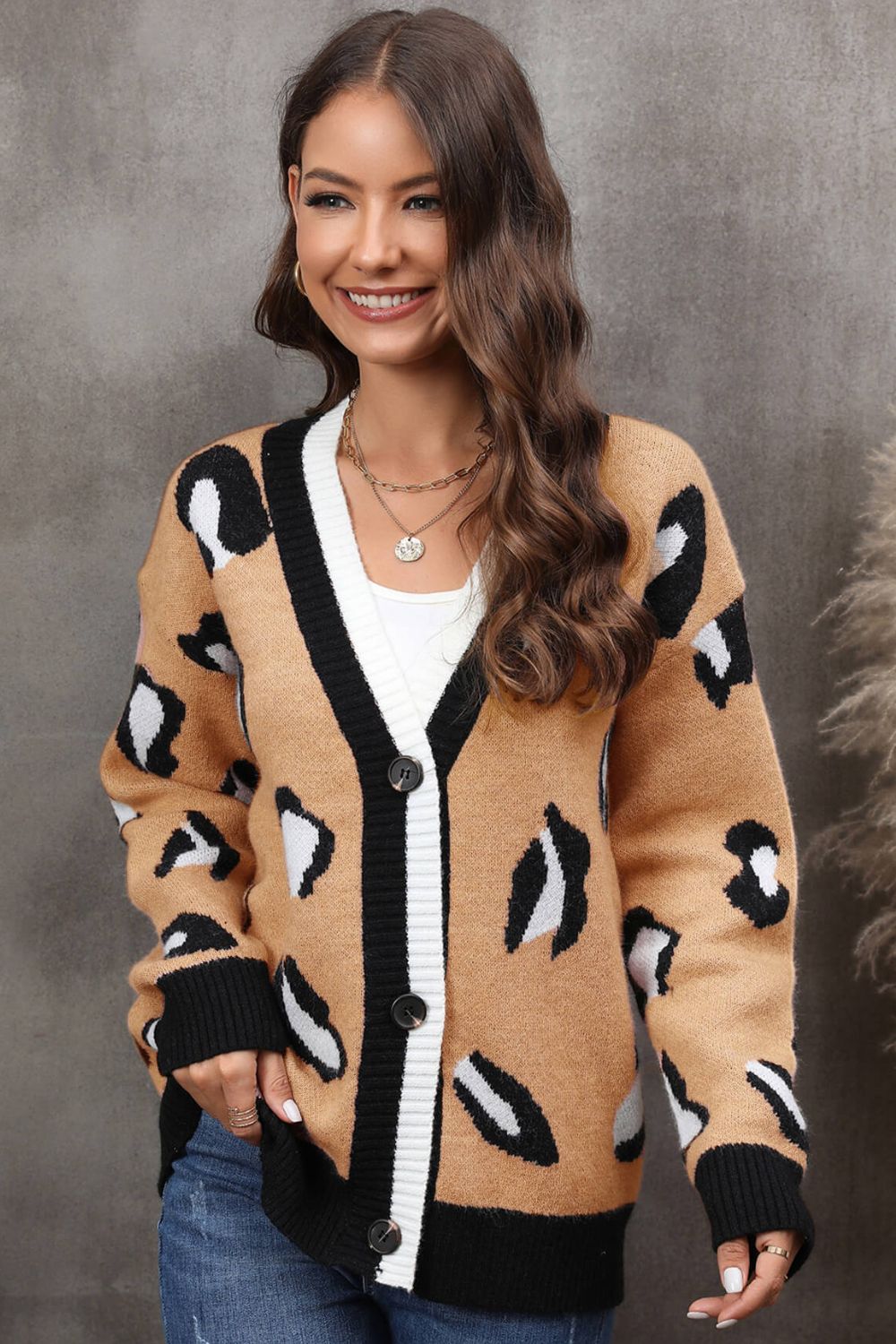 Leopard Ribbed Trim Drop Shoulder Cardigan Ins Street