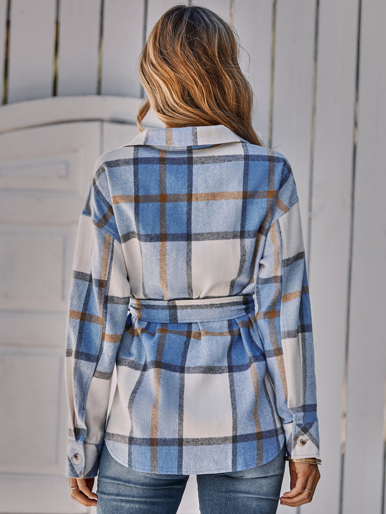 Plaid Belted Dropped Shoulder Shirt Jacket Ins Street