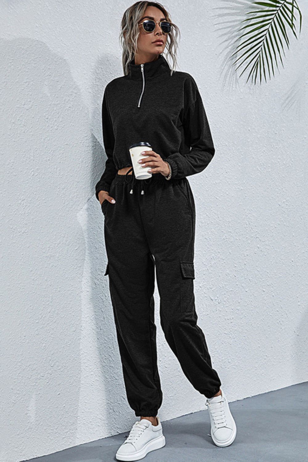 Drawstring Hem Cropped Sweatshirt and Cargo Joggers Set Ins Street