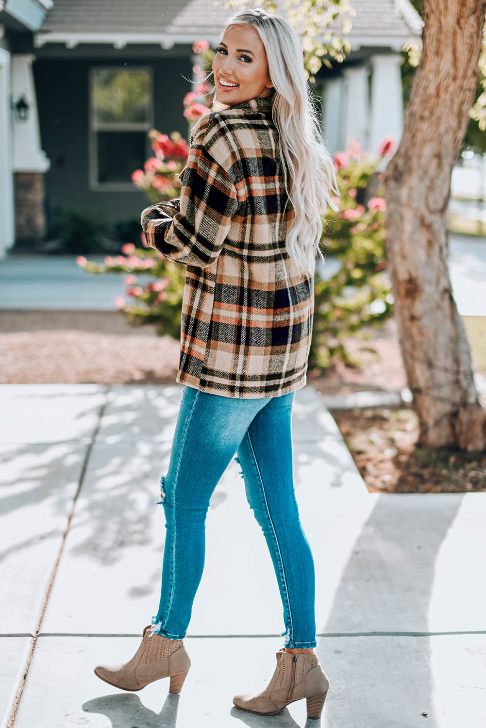 Plaid Button Front Shirt Jacket with Breast Pockets Ins Street