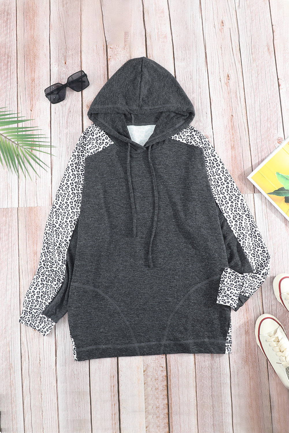 Leopard Print Sleeve Drawstring Hoodie Ins Street