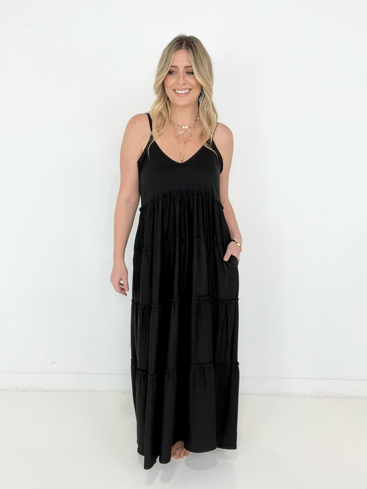 New Colors - Zenana V-Neck Cami Maxi Tiered Dress with Side Pockets Kiwidrop