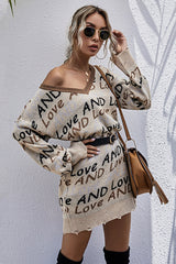 Letter Print Distressed Hem Sweater Dress Ins Street