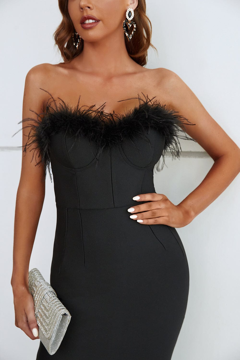 Domina Strapless Feather Midi Evening Dress Ins Street