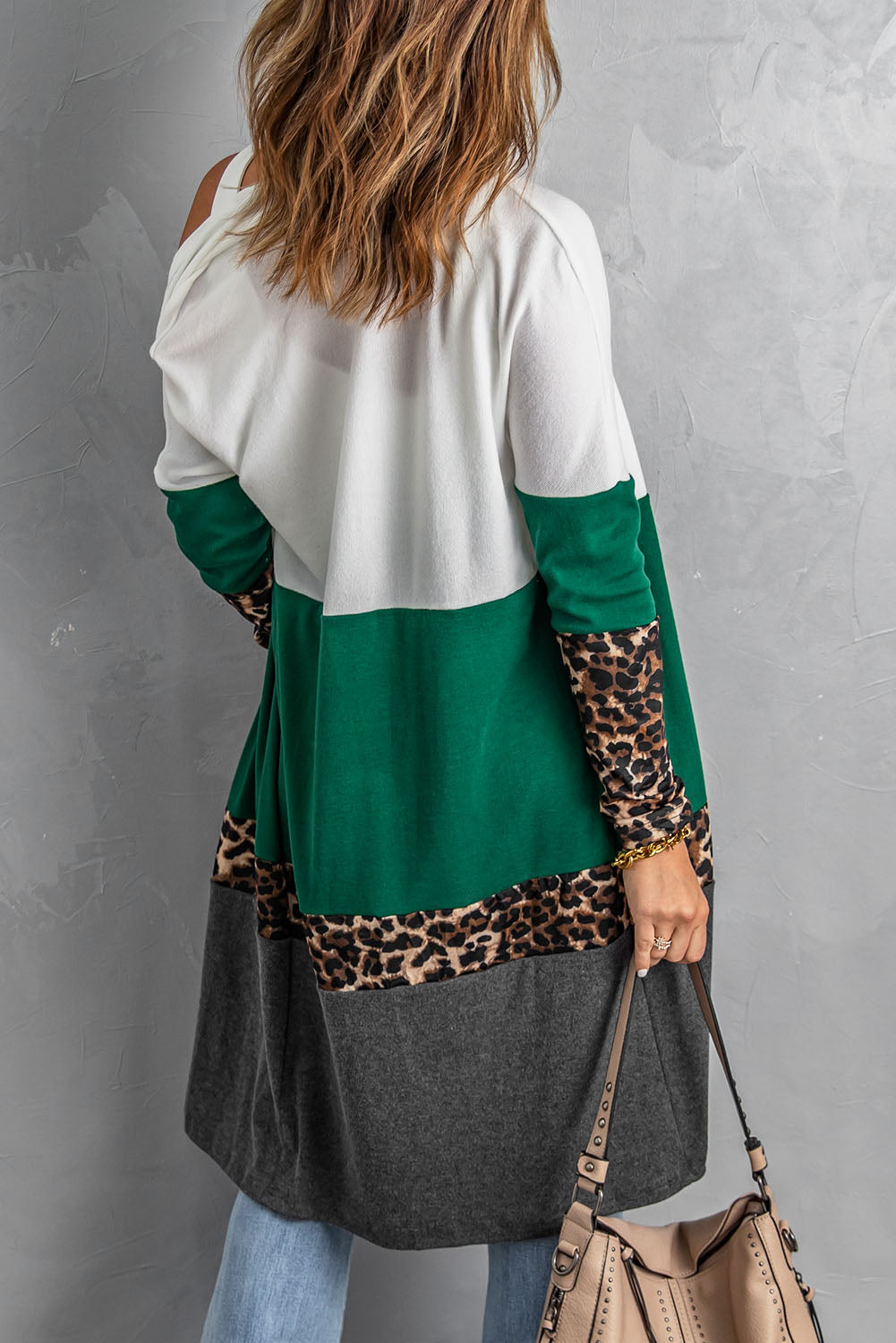 Leopard Color Block Open Front Longline Cardigan Ins Street
