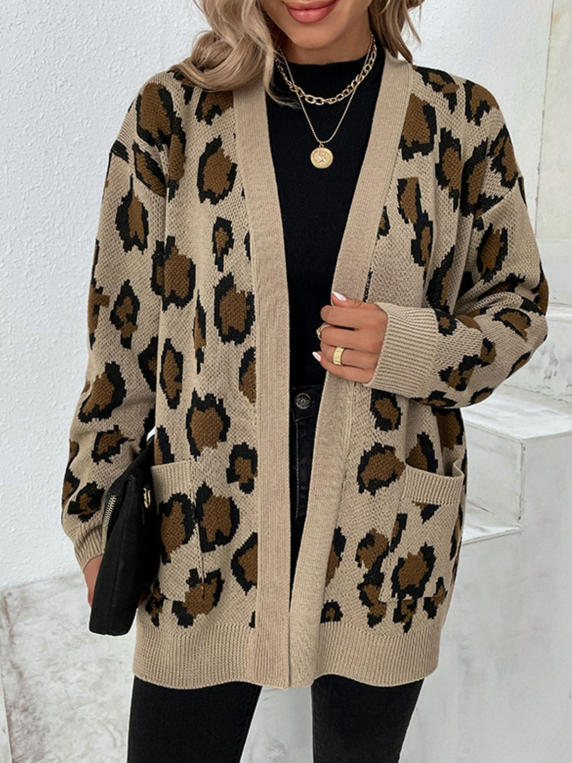 Leopard Print Ribbed Trim Dropped Shoulder Longline Cardigan Ins Street