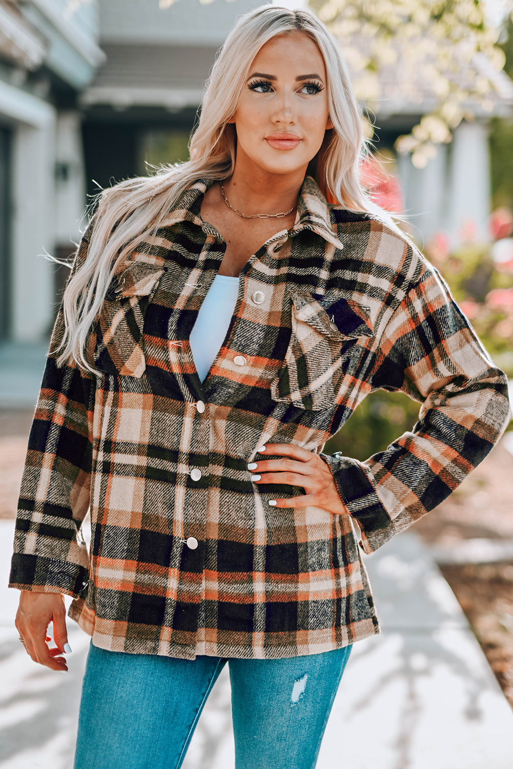 Plaid Button Front Shirt Jacket with Breast Pockets Ins Street