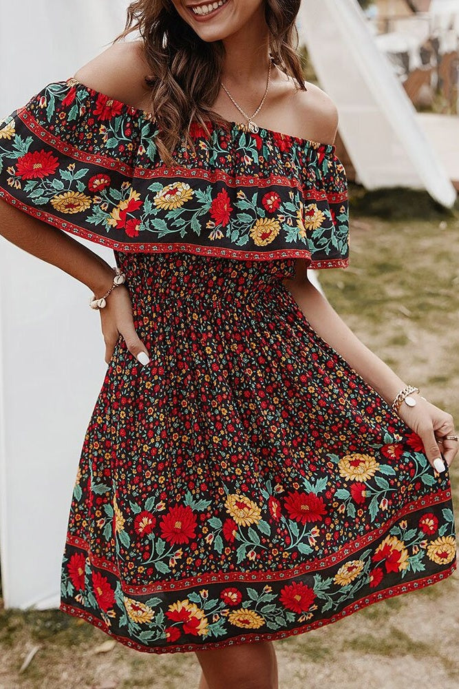 Floral Off-Shoulder Frill Mini Dress Ins street