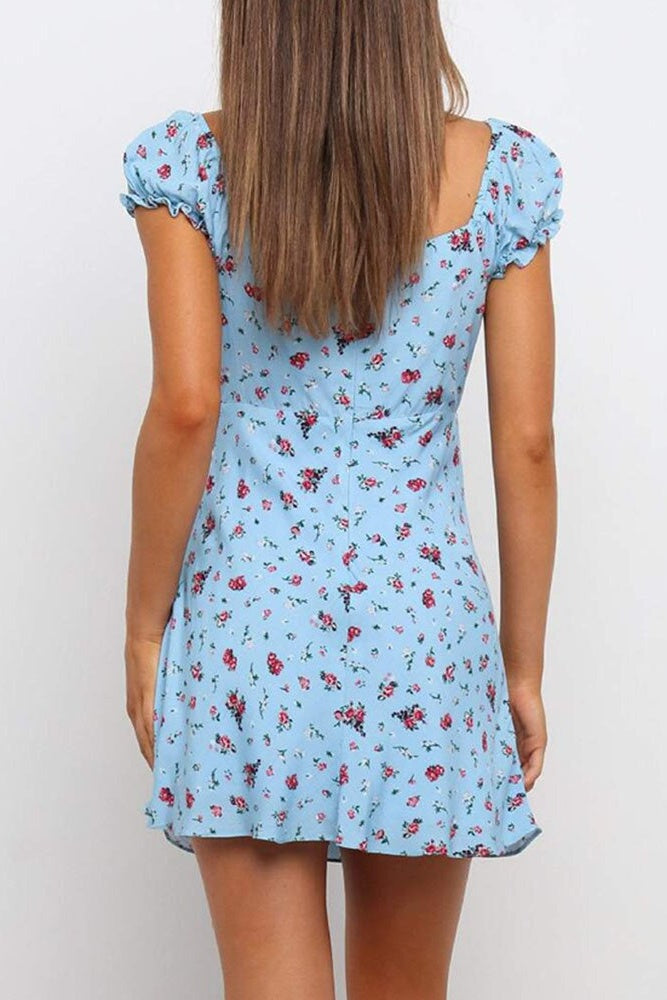 Blue Floral Puff Sleeve Mini Dress Ins street