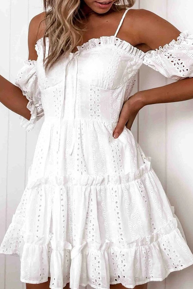 Eyelet Embroidered Ruffle Spaghetti Strap Summer Mini Dress Ins street