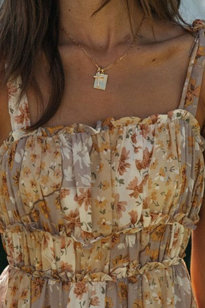 Floral Smocked Bodice Ruffle Shoulder Tie Dress Ins street