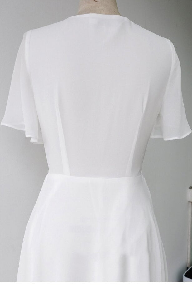 Short Sleeve Floor-Length V-Neck Patchwork Plain White Dress Ins street