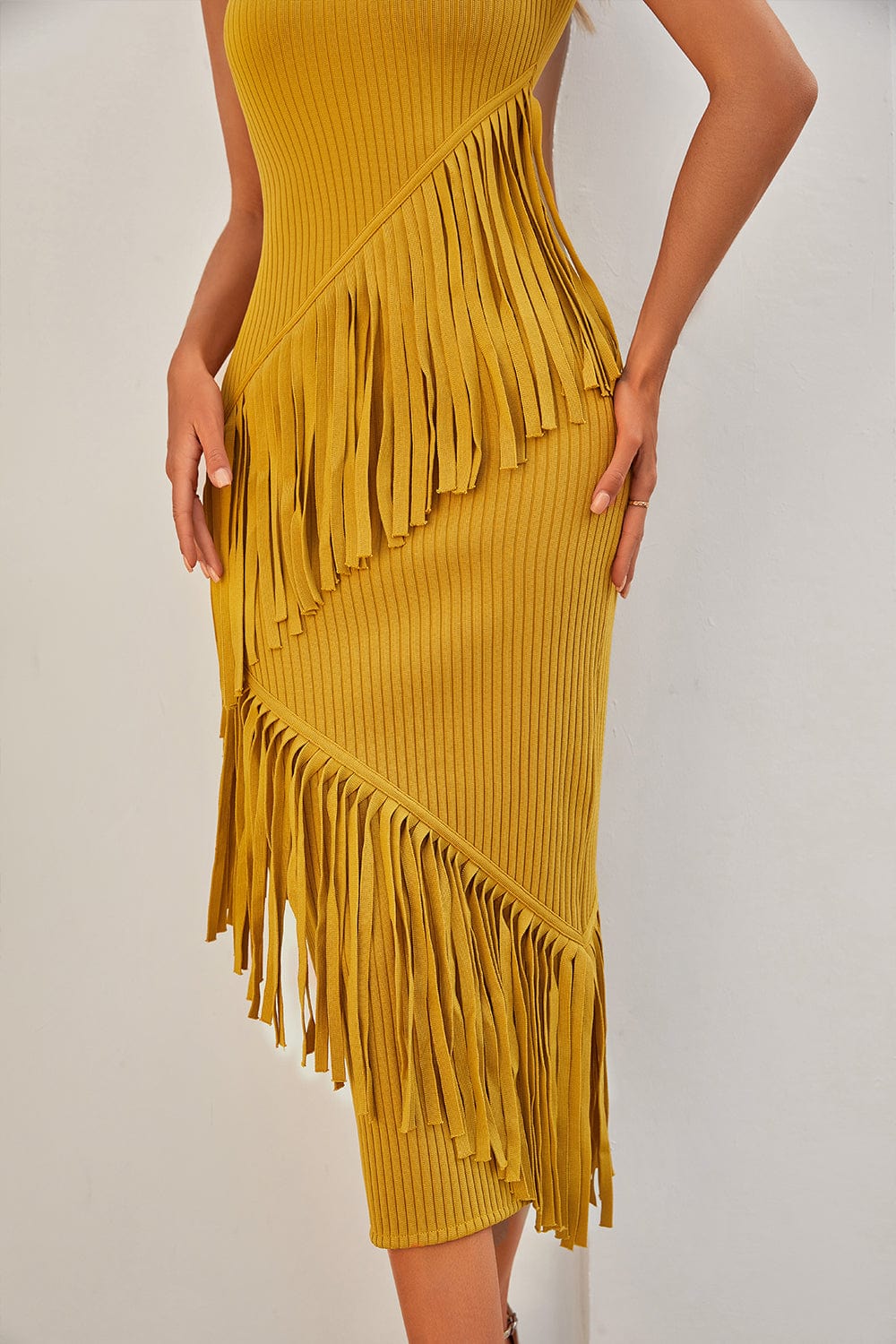 Marie Yellow Fringe Midi Bandage Dress Ins Street