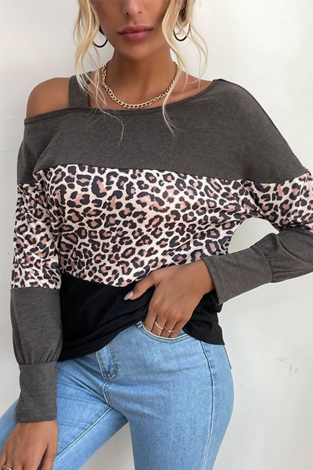 Leopard Print Color Block Cold  Shoulder Top Ins Street