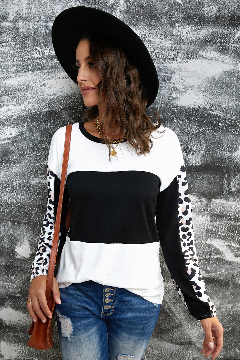 Leopard Print Color Block Long Sleeve Tee Ins Street