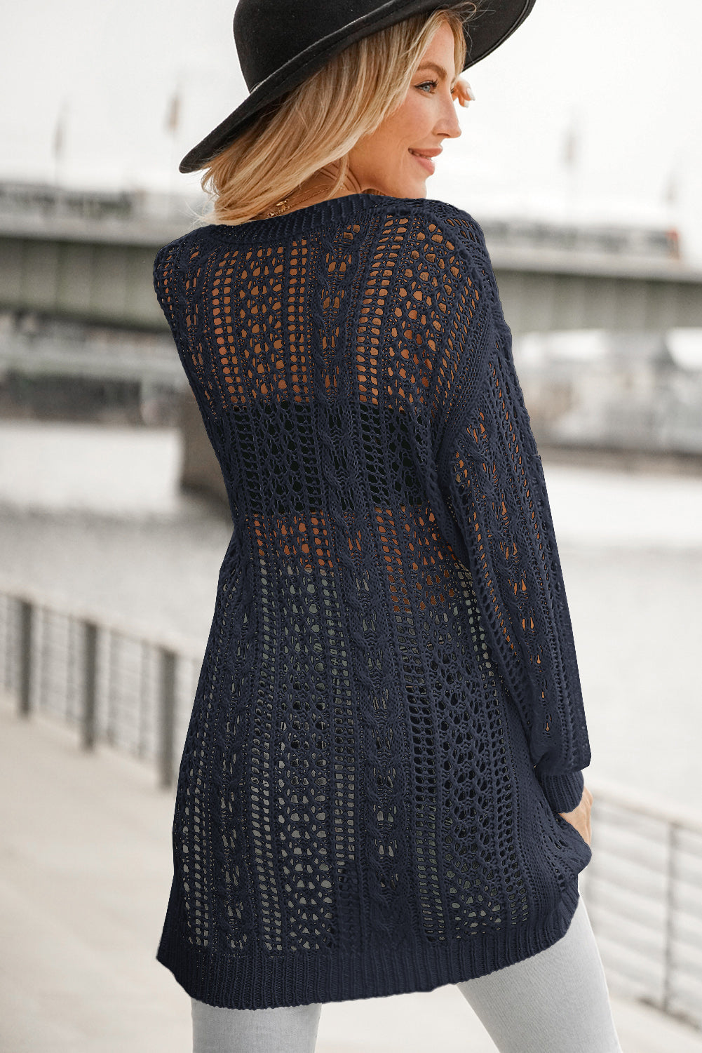 Openwork Ribbed Cuff Longline Cardigan Ins Street