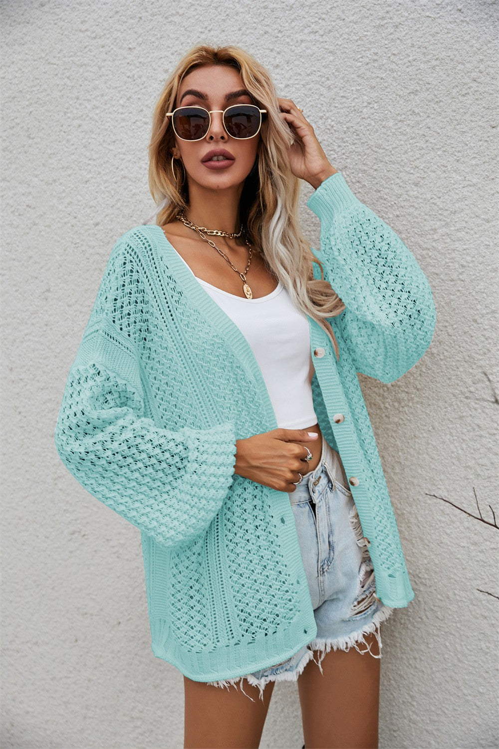 Openwork V-Neck Dropped Shoulder Cardigan Ins Street