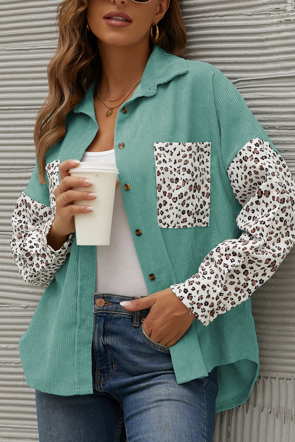 Leopard Splicing Button Front Corduroy Blouse Ins Street