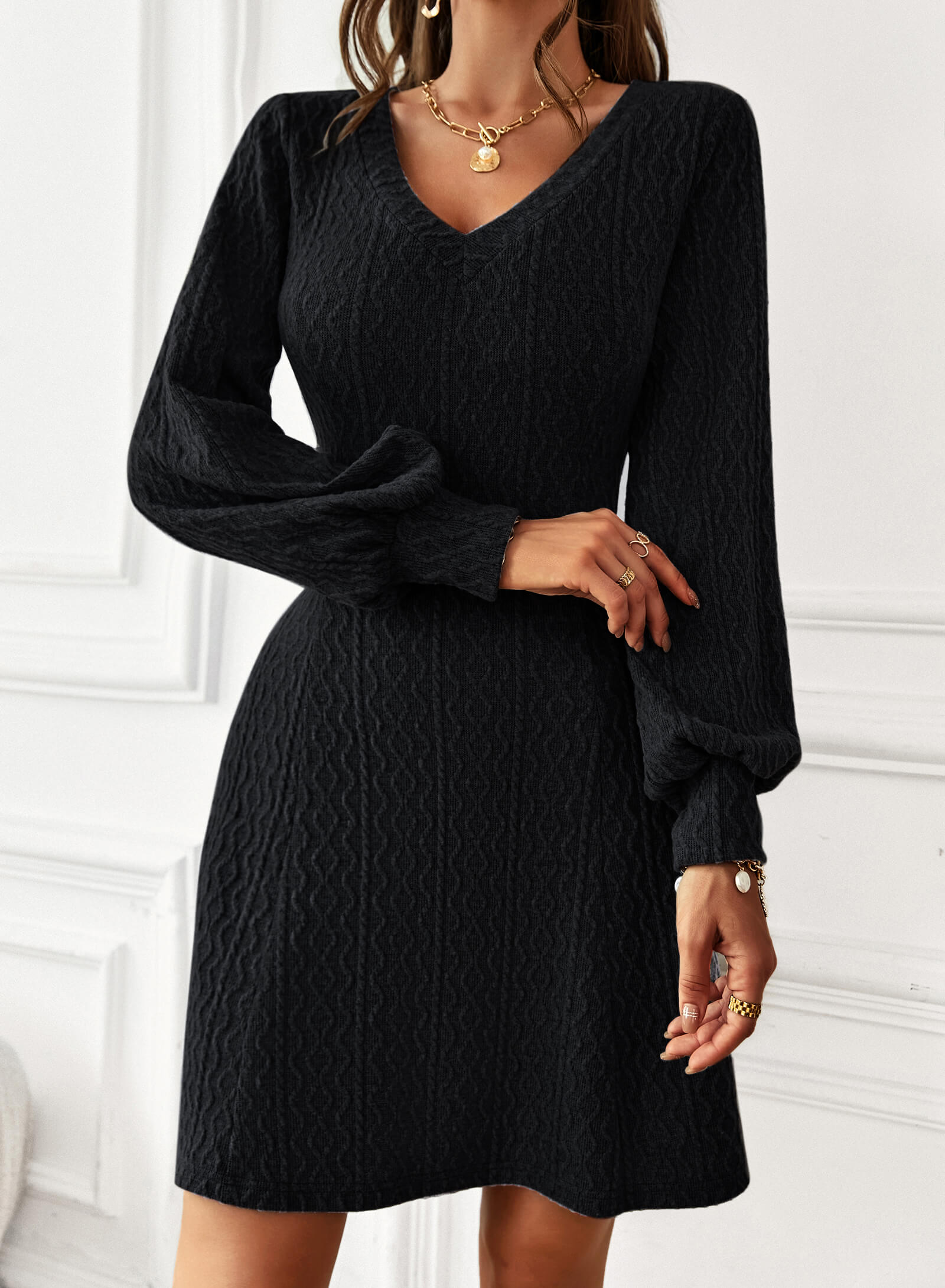 Lantern Sleeve V-Neck Textured Knit Dress Ins Street