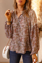 Paisley Print Quarter Button Balloon Sleeve Blouse Ins Street