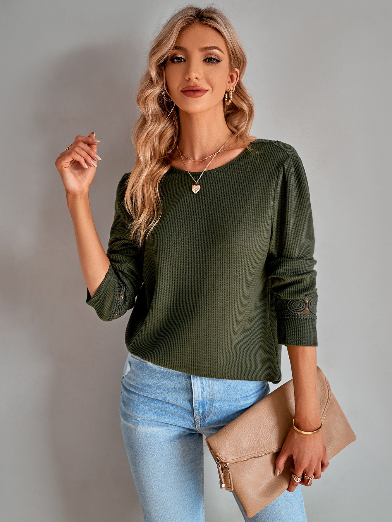 Lace Trim Waffle-Knit Round Neck Top Ins Street