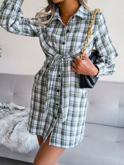 Plaid Button Down Tie Front Shirt Dress Ins Street