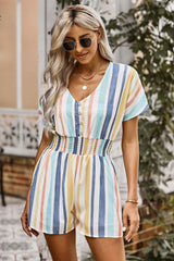 Multicolored Stripe V-Neck Smocked Waist Romper Ins Street