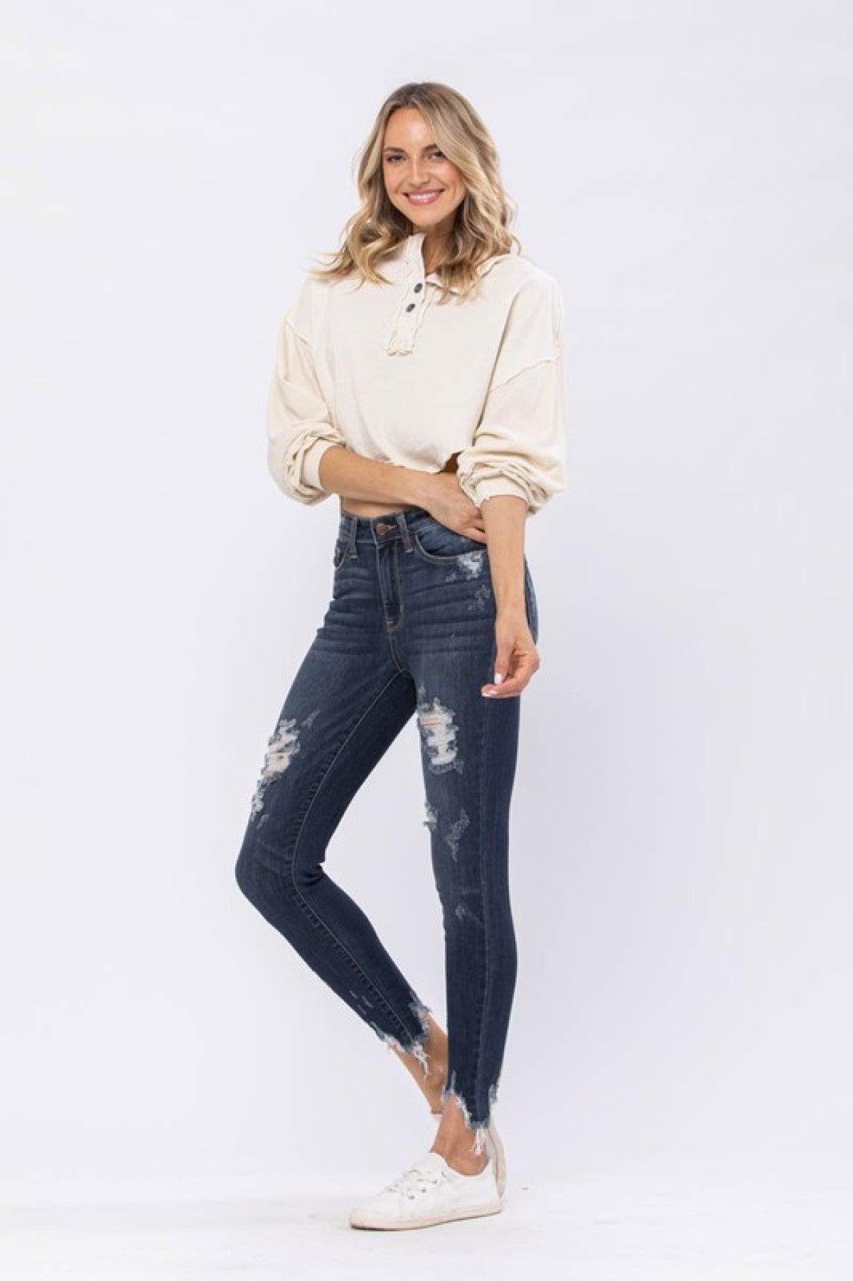 Mid-Rise Destroyed Hem Shark Bite Skinny Jeans Ins Street