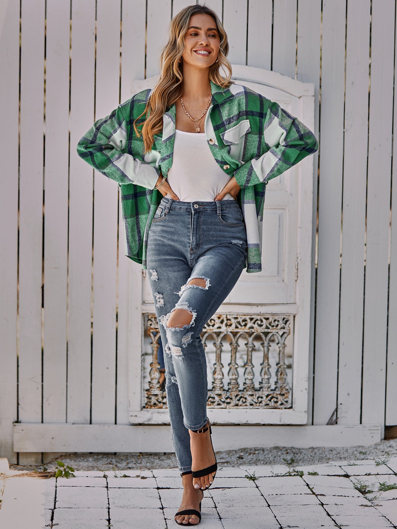 Plaid Belted Dropped Shoulder Shirt Jacket Ins Street