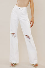 Kancan High-Rise Distressed Flare Jeans in White Ins Street