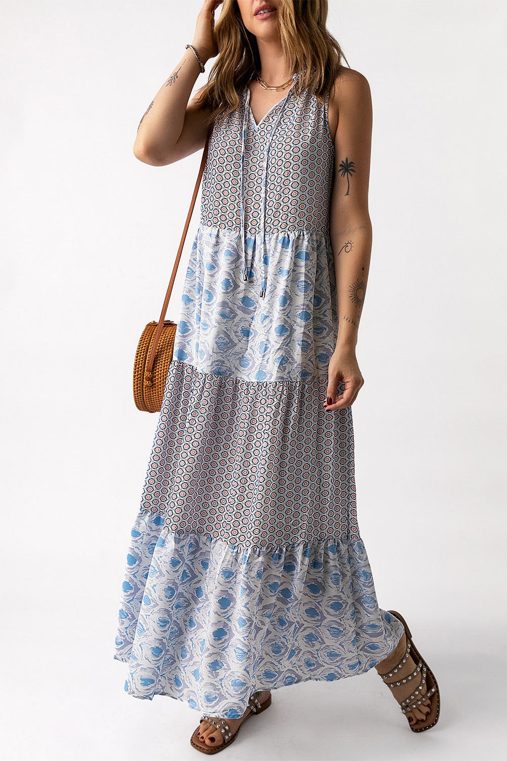 Mixed Print Tie-Neck Sleeveless Maxi Dress Ins Street