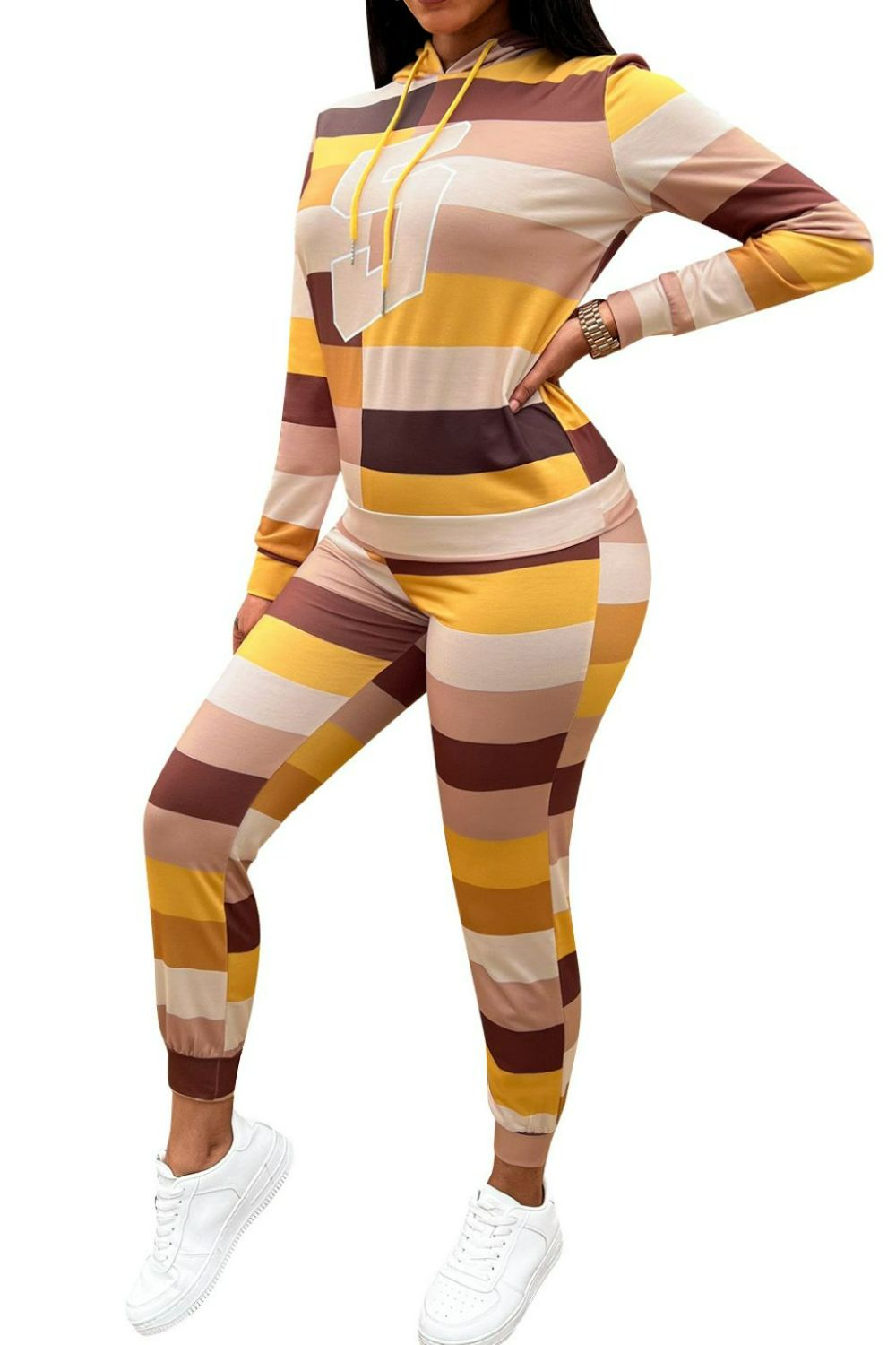 Multicolored Patchwork Drawstring Detail Hoodie and Joggers Set Ins Street