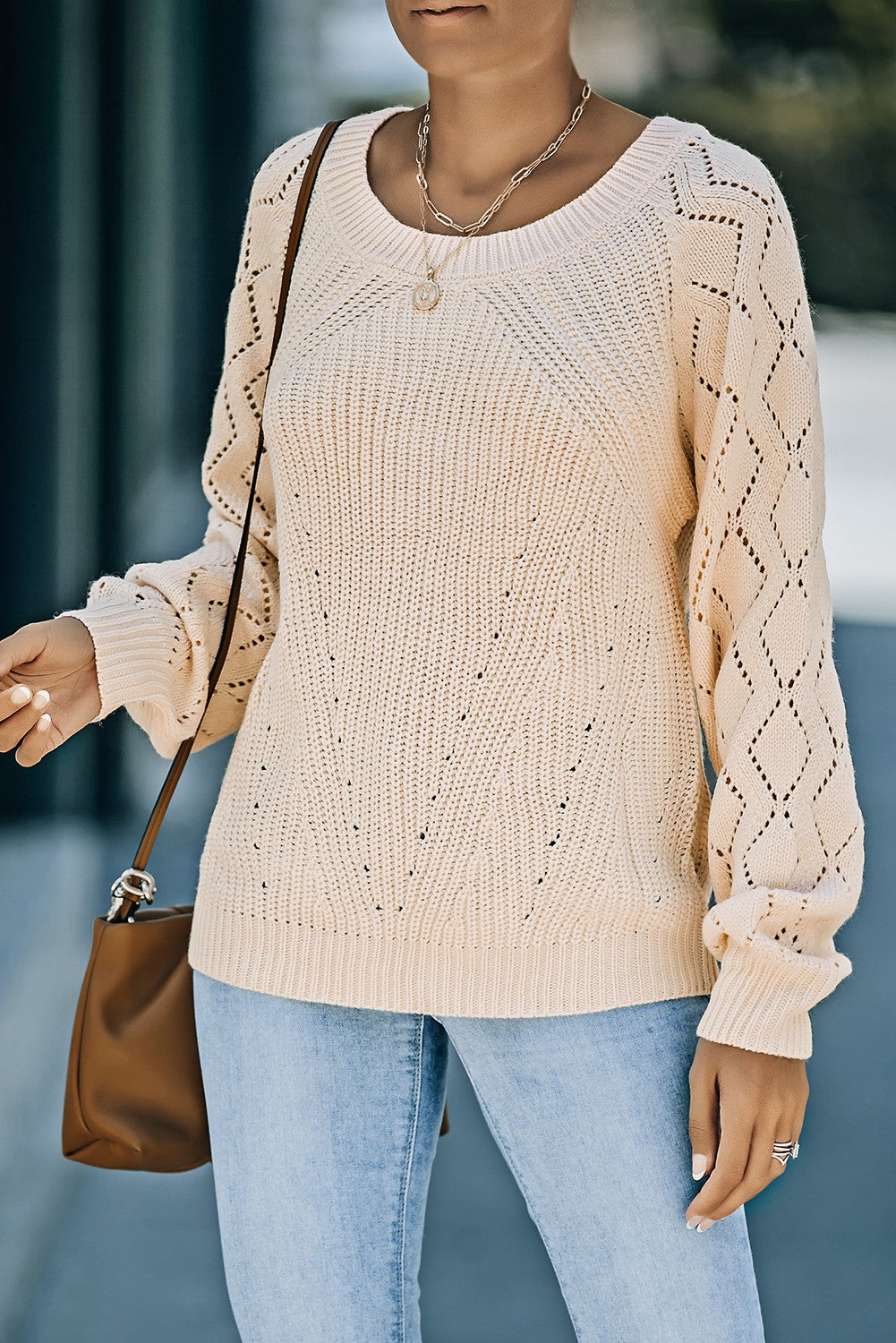 Openwork Round Neck Raglan Sleeve Sweater Ins Street