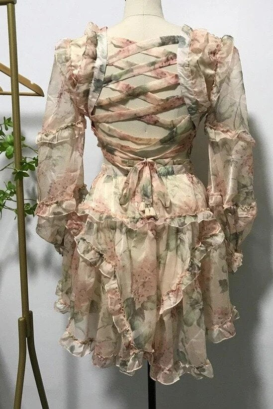 Floral Long Sleeve Ruffle Lace-Up Back Mini Dress Ins street