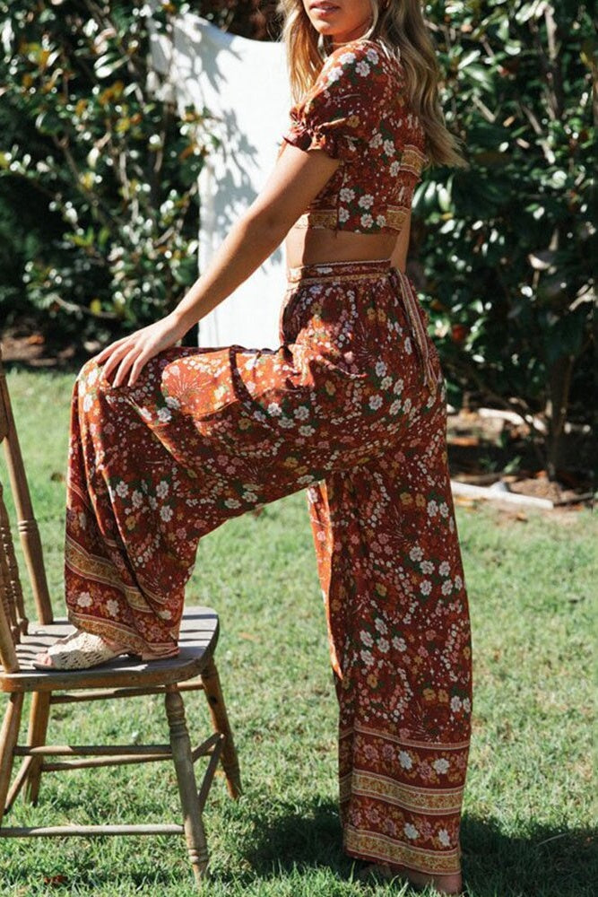 Floral Crop Top & Wide Legs Pants Two-Piece Set Ins street