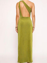 Solid color slant shoulder hollow pleated open long dress 2023-03-14 InsStreet