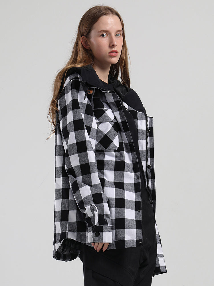 Autumn And Winter Black And White Plaid Shirt Ski Jacket Waterproof Thick Warm Veneer Trend Loose Snow Jacket Ins Street