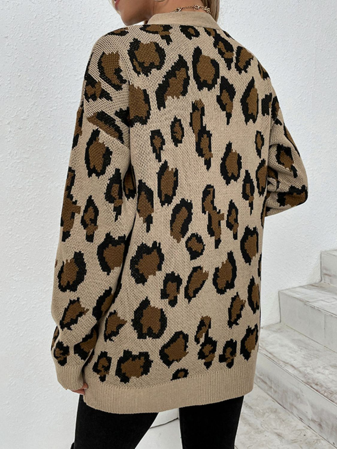 Leopard Print Ribbed Trim Dropped Shoulder Longline Cardigan Ins Street