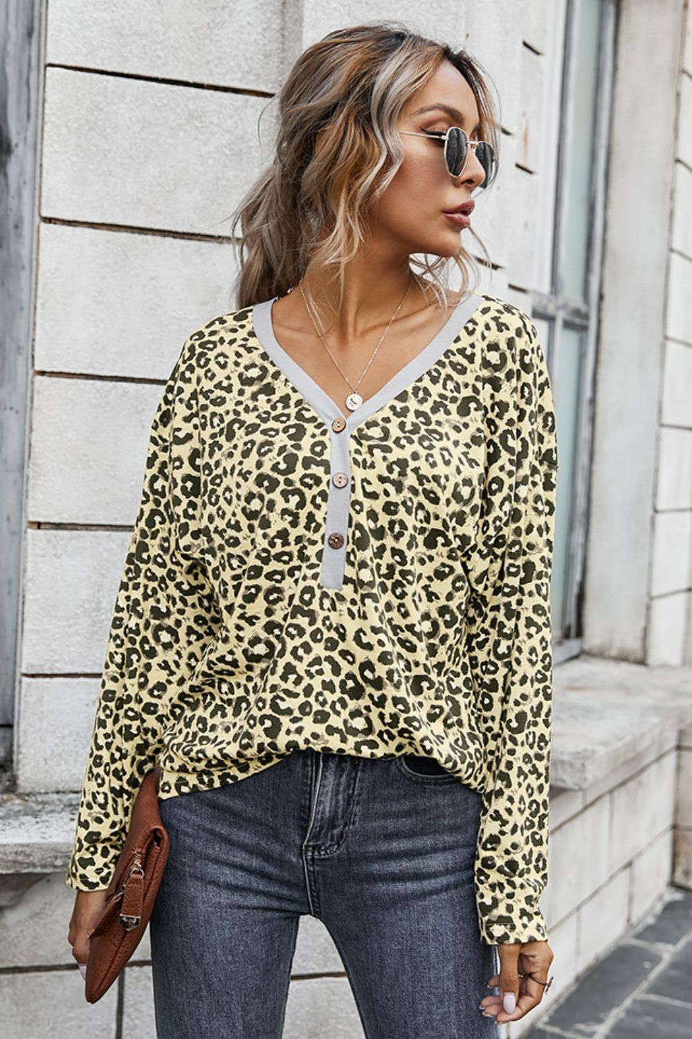 Leopard Buttoned Contrast Trim Top Ins Street