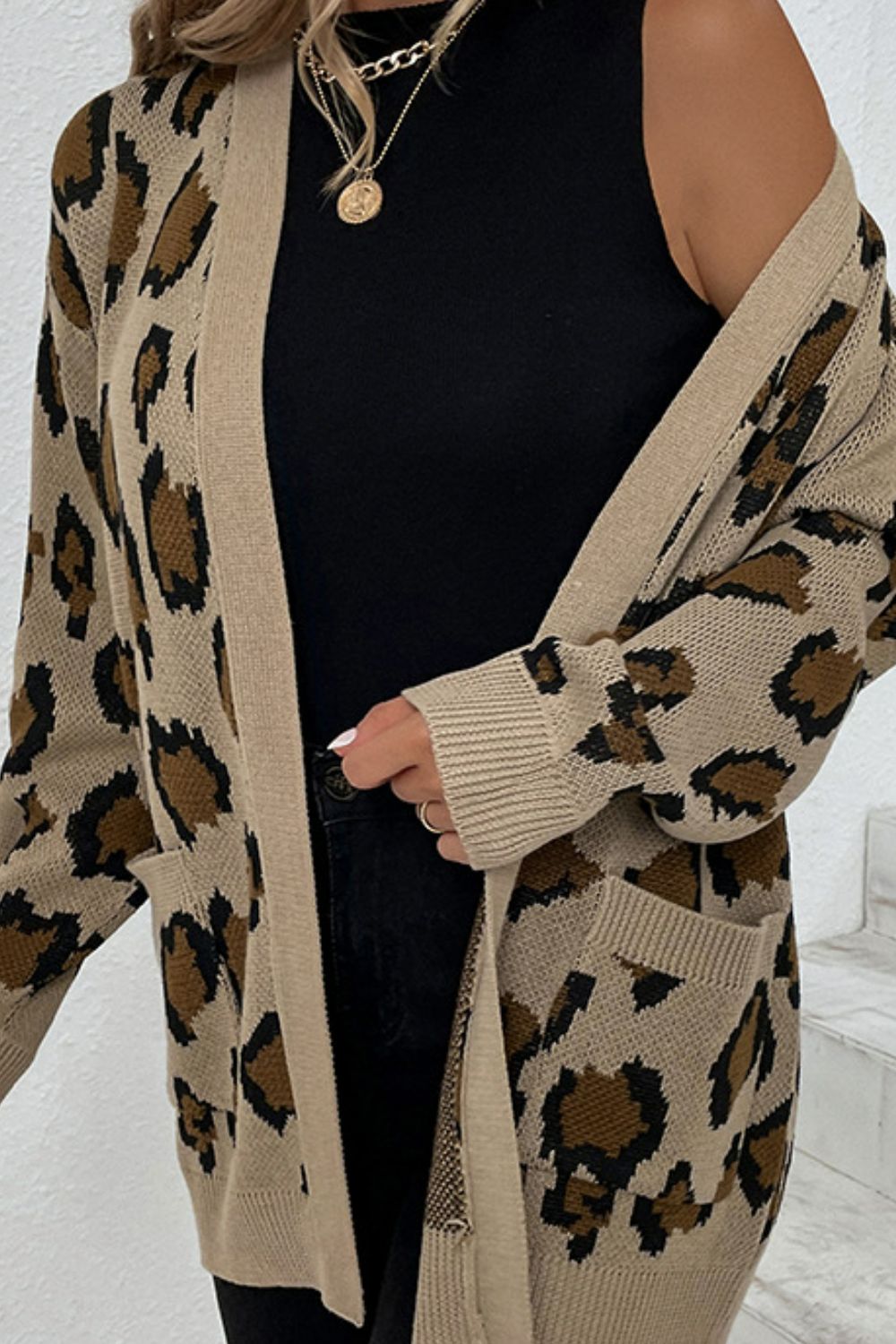 Leopard Print Ribbed Trim Dropped Shoulder Longline Cardigan Ins Street