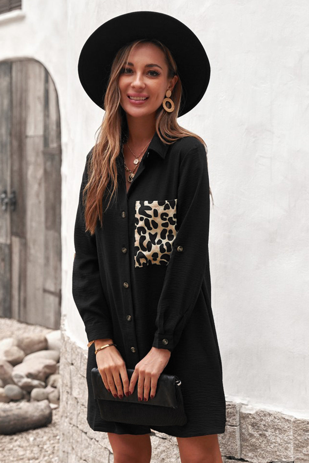 Leopard Patch Textured Shirt Dress Ins Street