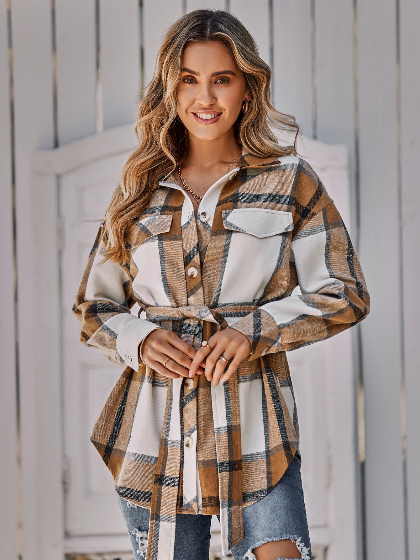 Plaid Belted Dropped Shoulder Shirt Jacket Ins Street