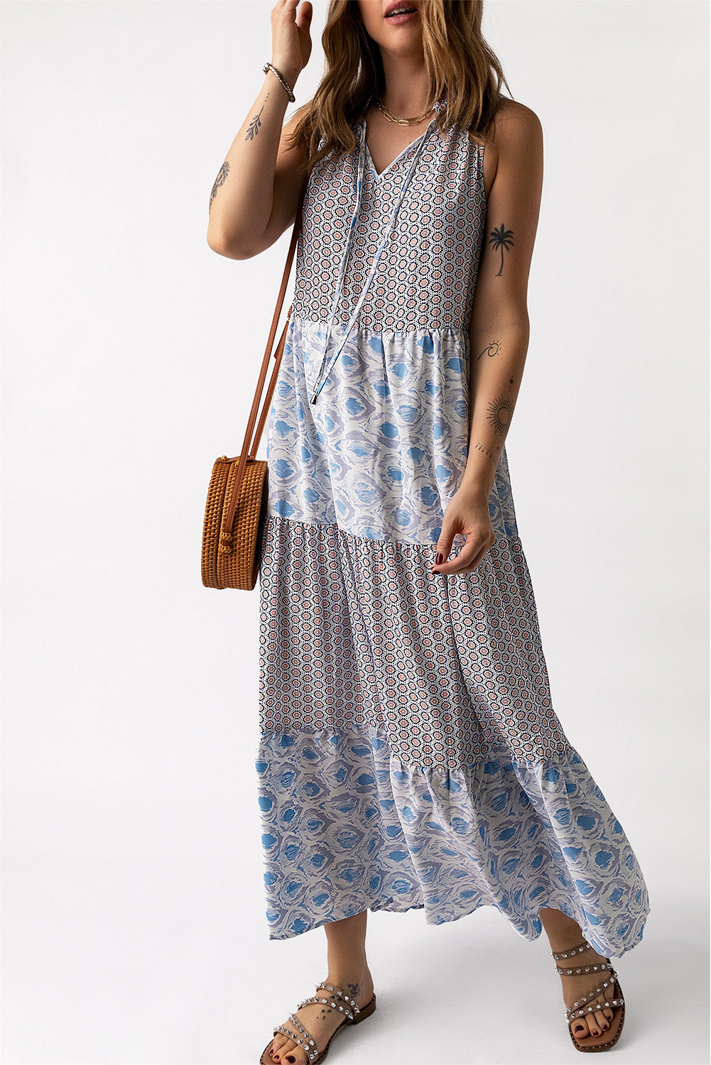 Mixed Print Tie-Neck Sleeveless Maxi Dress Ins Street