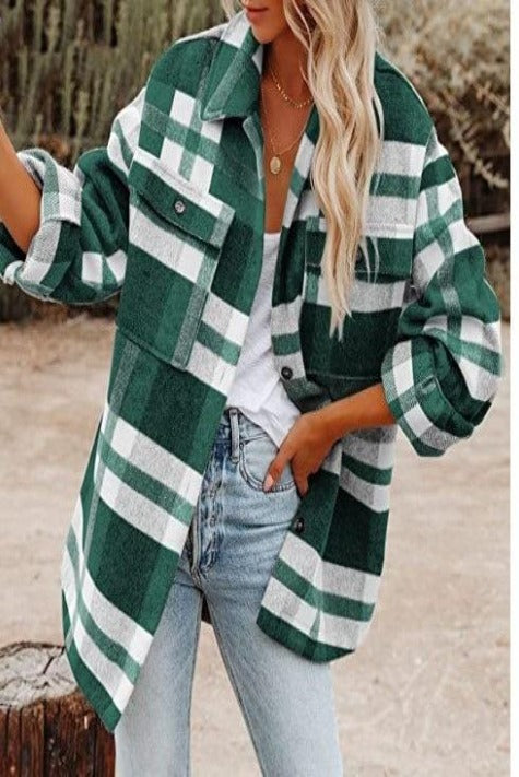 Women's Long Sleeve Loose Woolen Plaid Shirt Jacket Ins street