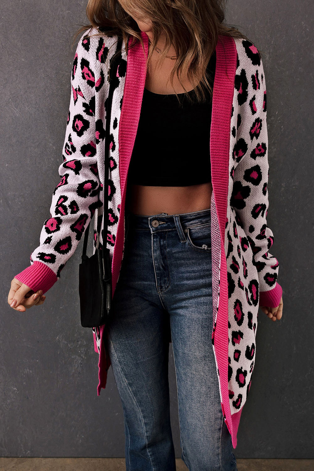 Leopard Contrast Trim Open Front Longline Cardigan Ins Street