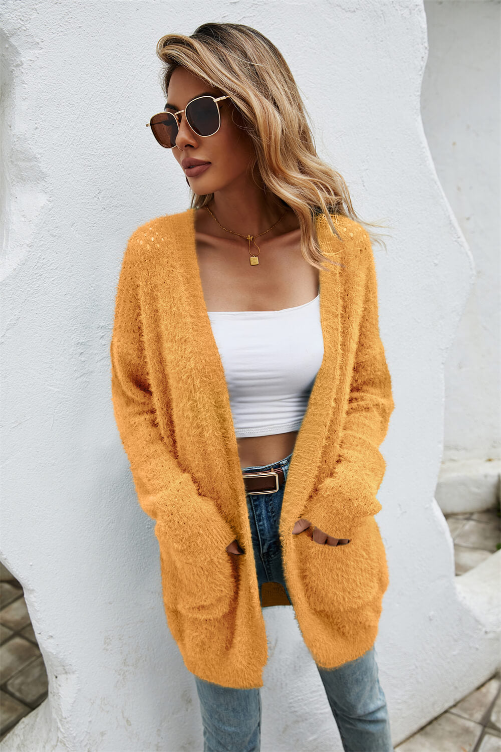 Open Front Openwork Fuzzy Cardigan with Pockets Ins Street