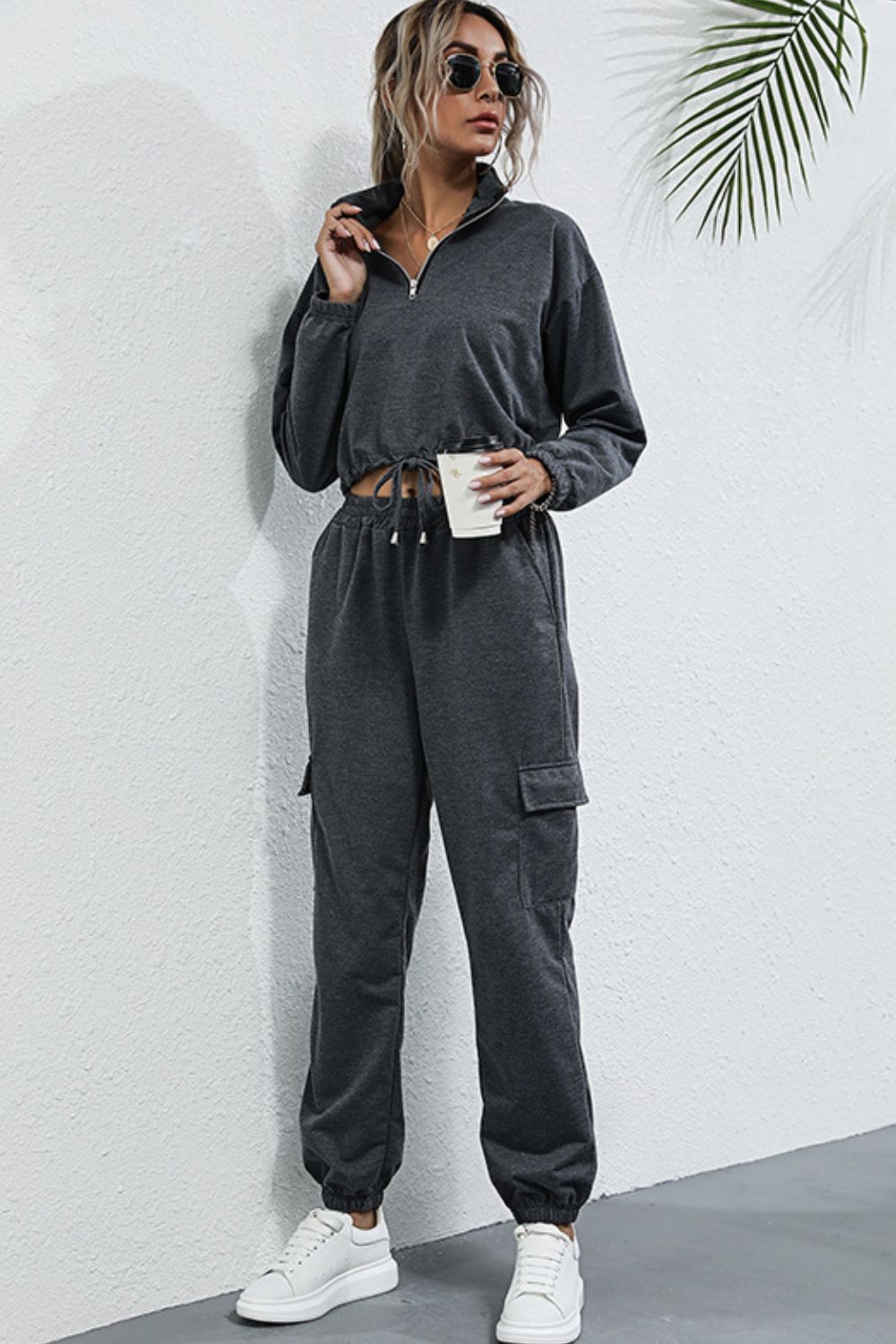 Drawstring Hem Cropped Sweatshirt and Cargo Joggers Set Ins Street