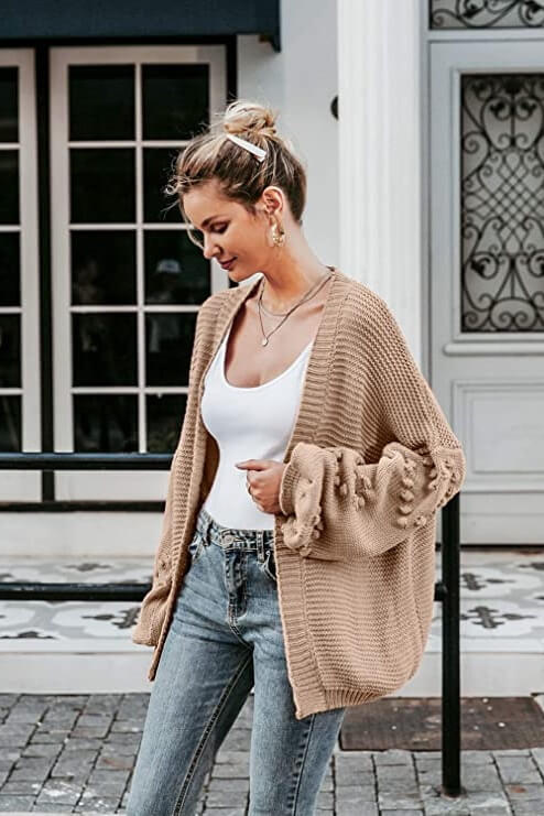 Long Fall Pom-Pom Open Front Knit Cardigan Ins street