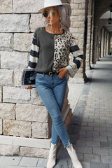 Leopard Striped Round Neck Long Sleeve Tee Ins Street